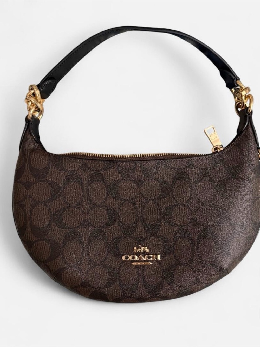 Coach Brown Signature Crescent Shoulder Bag with Gold Hardware